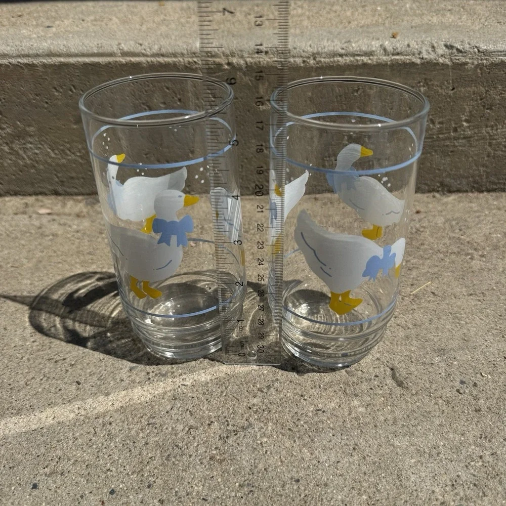 1980s Country Goose Drinking Glasses Blue Bow Farmhouse Cottage Country Kitchen